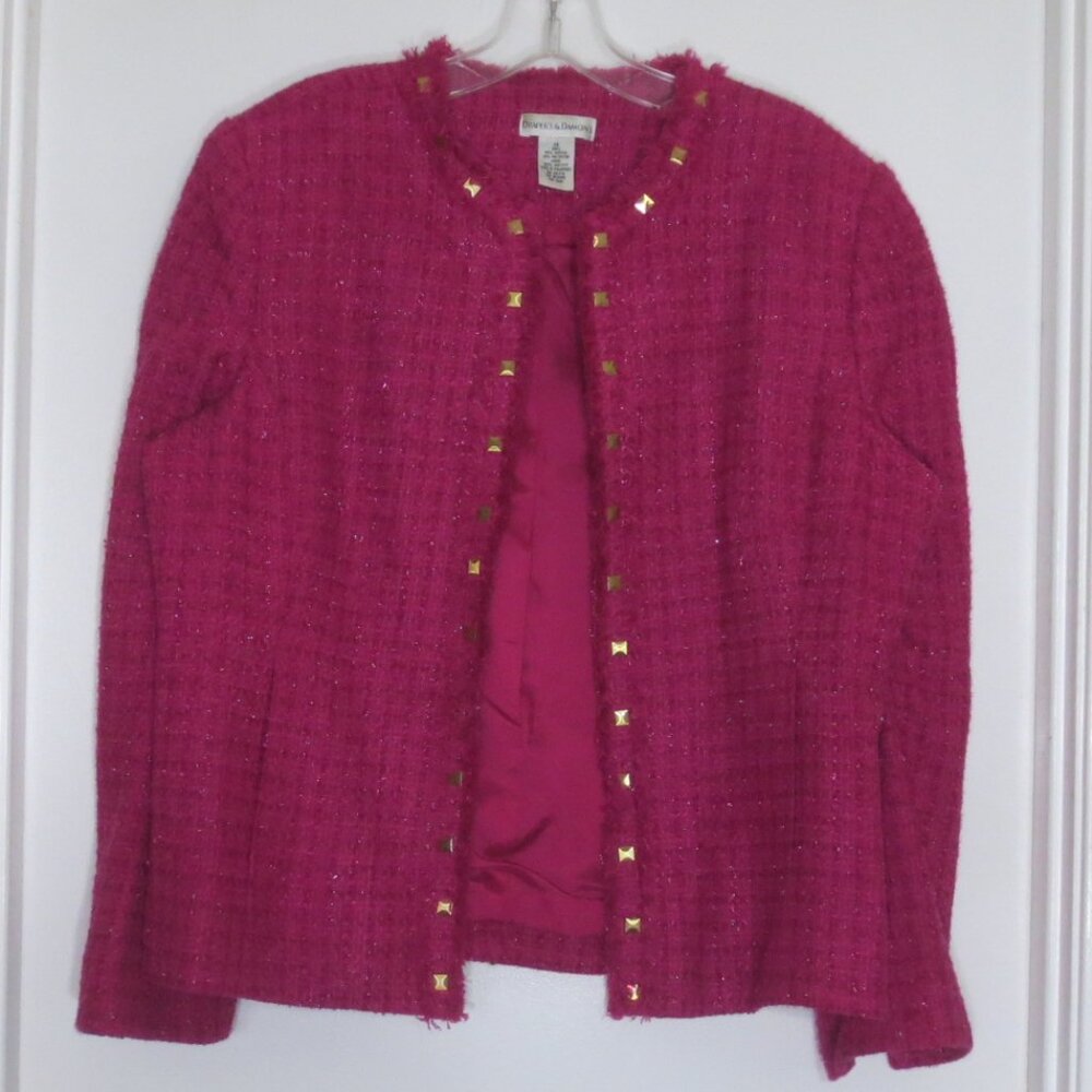90s Drapers & Damons Jacket Fuchsia Woven Sparkly Open Crop Blazer Plus Size 14